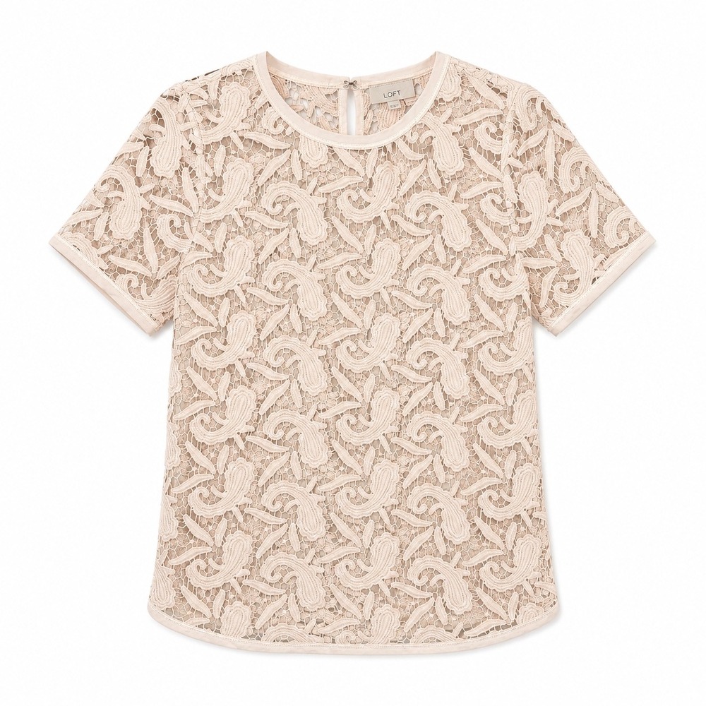 LOFT Crochet Lace Top Blush Pink Festival Boho Short Sleeve XS‎